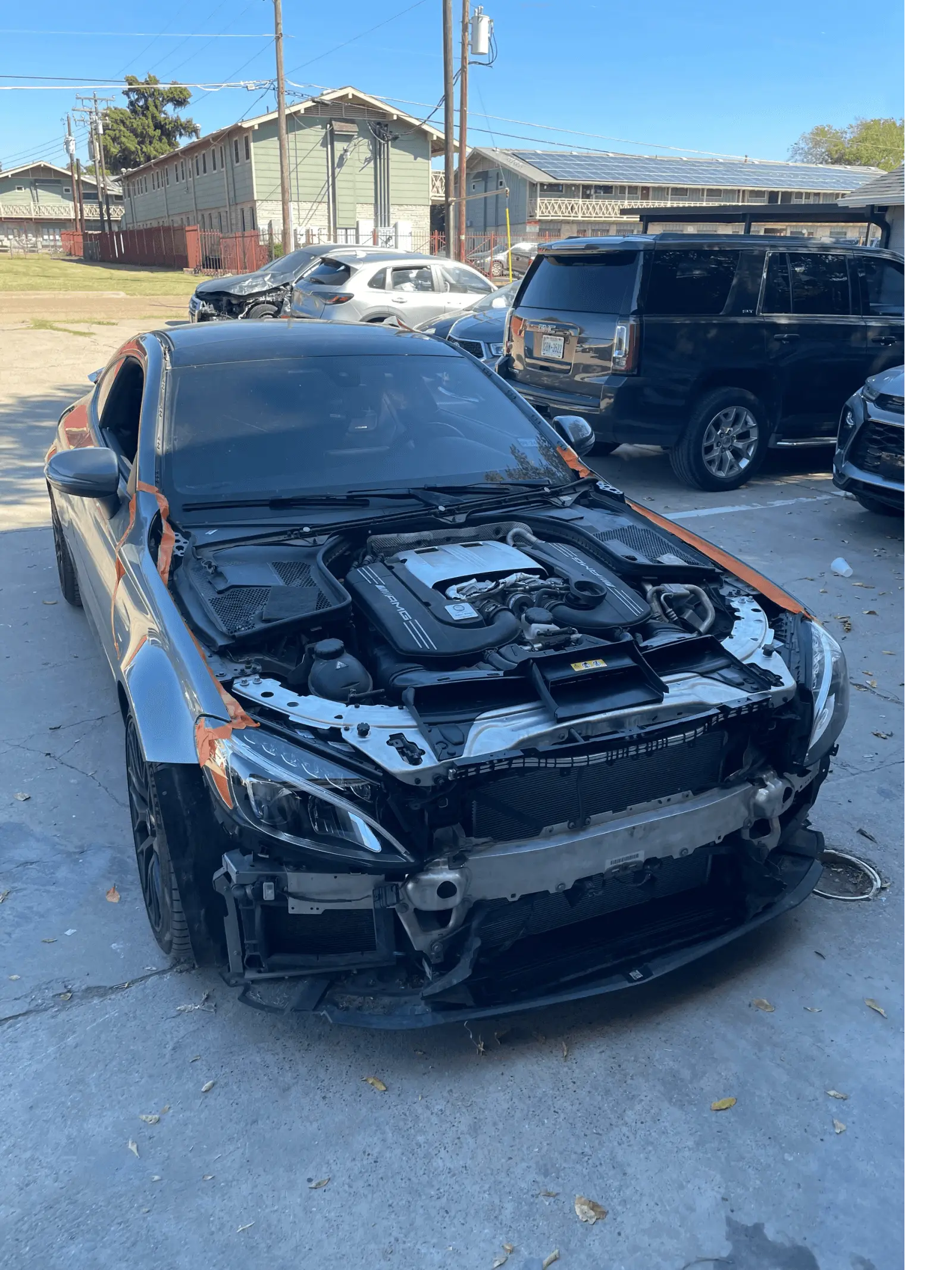 Mercedes-AMG with the front end removed for collision repair